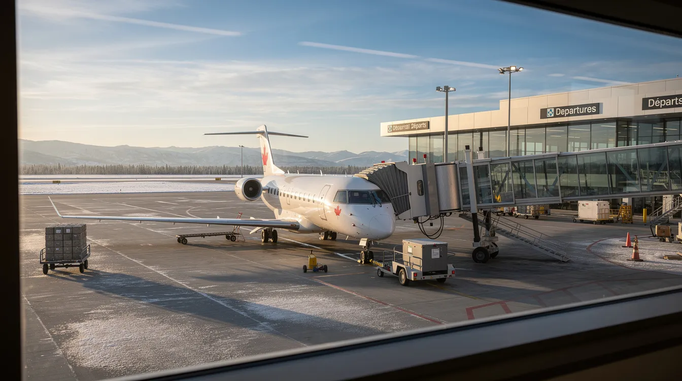A Bombardier CRJ900 regional jet, operated by Air Canada Express, is parked at a gate in Vancouver International Airport during the soft morning light, with passengers waiting nearby to board their short haul flights. The aircraft features a sleek design, ready to serve travelers in both economy and business class.