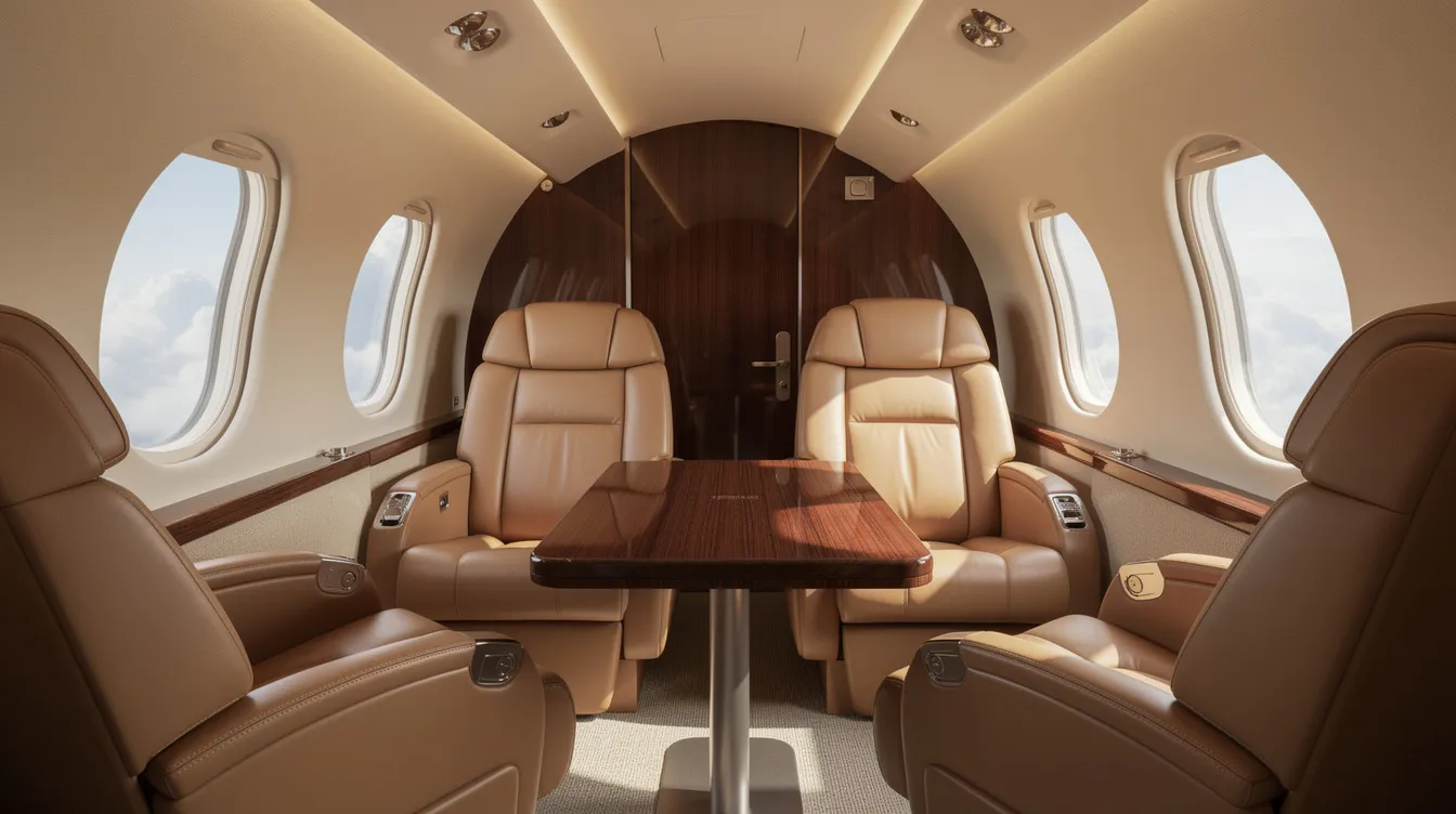 The interior of a Beechcraft King Air C90GT showcases luxurious leather club seating arranged around a wooden table, designed for comfort during flight. This small turboprop airplane features a spacious cabin that can accommodate up to seven people, offering a refined travel experience with reduced cabin noise.