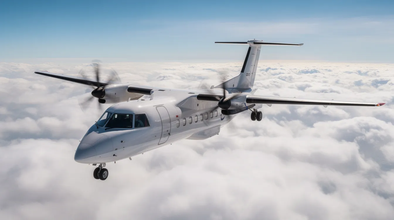 A Beechcraft King Air C90GT, a twin-engine turboprop aircraft, is flying straight above a layer of fluffy white clouds with a clear blue sky above. The airplane showcases its sleek design and powerful PT6A-135A engines as it cruises gracefully through the air.