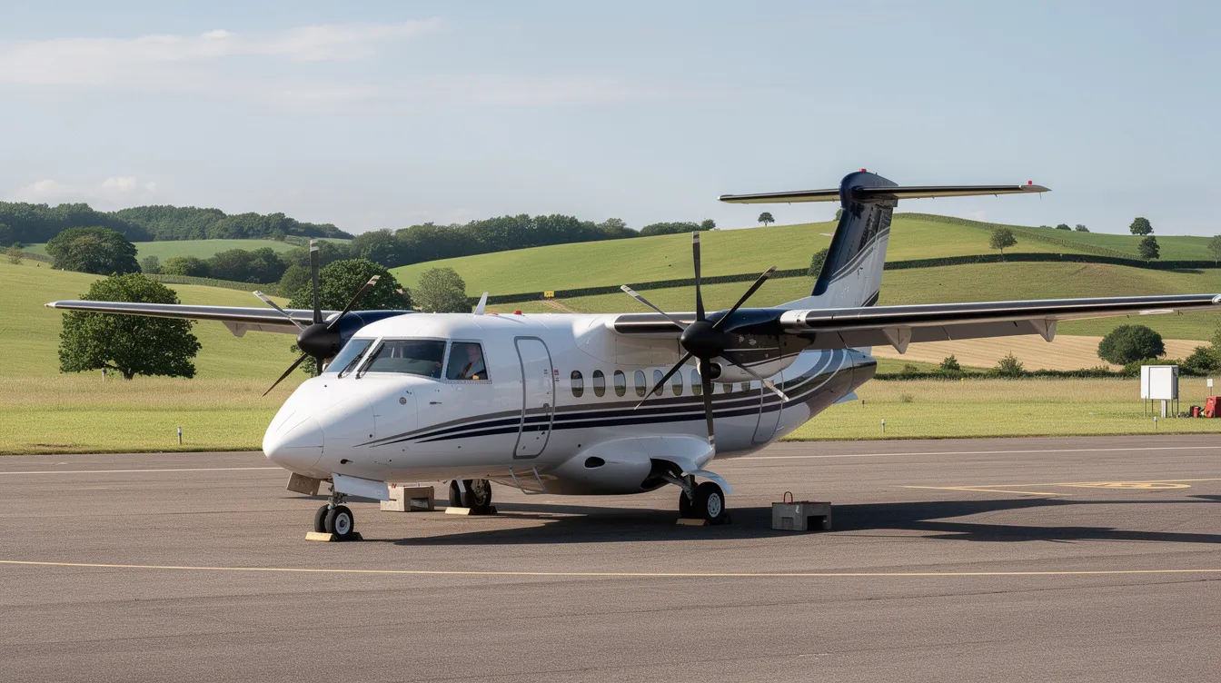 A Beechcraft King Air C90GT, a twin-engine turboprop aircraft, is parked on a small regional airstrip with lush green hills in the background, showcasing its sleek design and efficient performance. The airplane features a spacious cabin and is known for its fuel efficiency and cruise speed, making it a popular choice for both passengers and pilots.