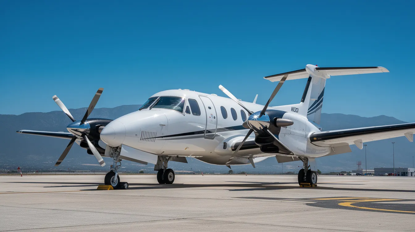A small Beechcraft King Air C90GT turboprop airplane is parked on a sunny runway, with distant mountains visible under a clear blue sky. The aircraft features a sleek design and is known for its fuel efficiency and cruise performance, making it a popular choice for private flights.