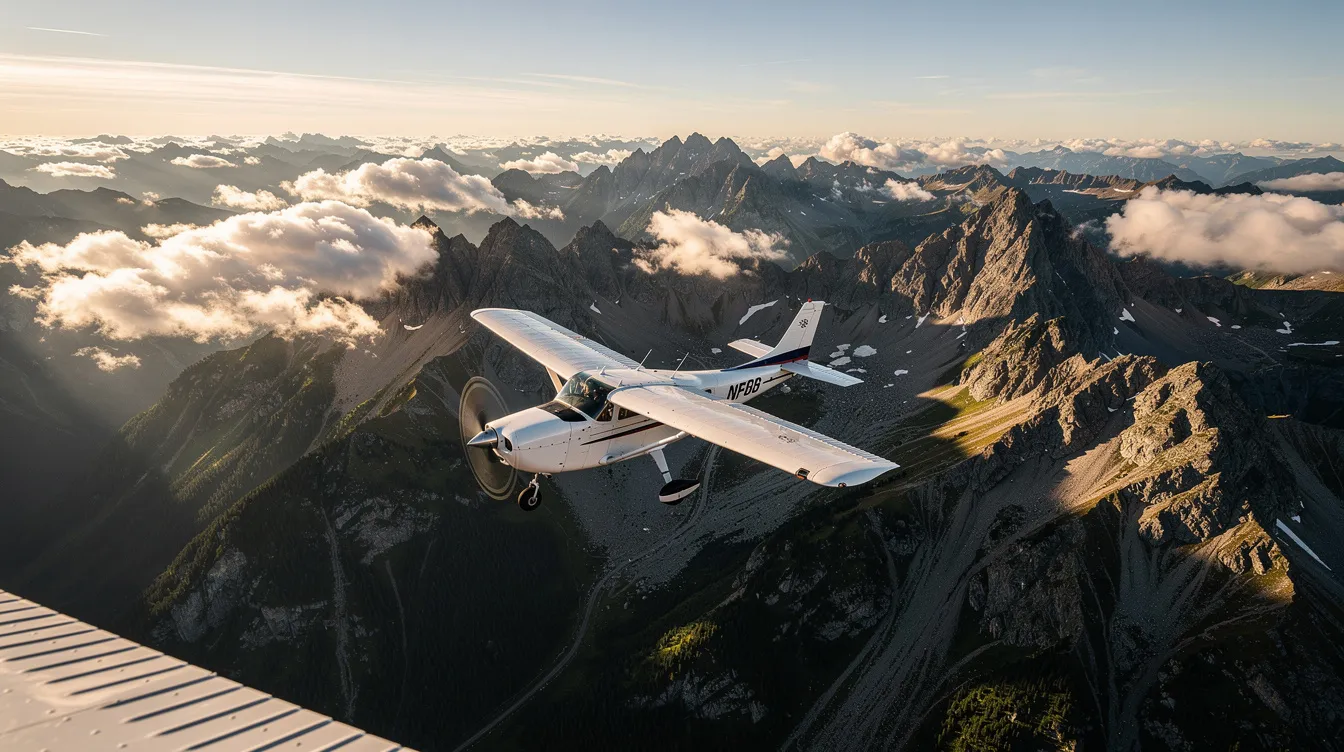 A small Beechcraft Bonanza airplane is soaring above rugged mountain terrain, surrounded by scattered clouds, showcasing its high performance and utility for up to six passengers. This aircraft, known for its comfort and safety features, is a popular choice among general aviation pilots.