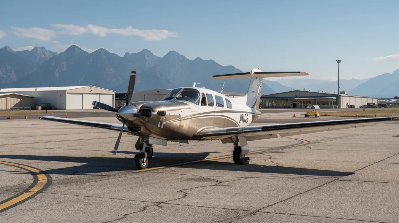 A Beechcraft Bonanza is parked on a small regional airport tarmac, with stunning mountains visible in the distance. This high-performance aircraft, designed to accommodate up to six passengers, showcases its conventional tail configuration and sleek design, embodying the legacy of general aviation.