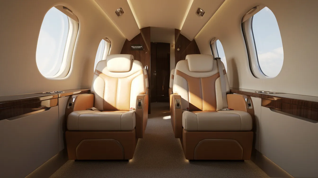 The image depicts the interior of a Beechcraft Bonanza cabin, featuring luxurious leather club seats and ample sunlight pouring in through large windows, creating a warm and inviting atmosphere for up to six passengers. This high-performance aircraft is designed for comfort and utility, showcasing its spacious cabin ideal for both business and leisure flights.