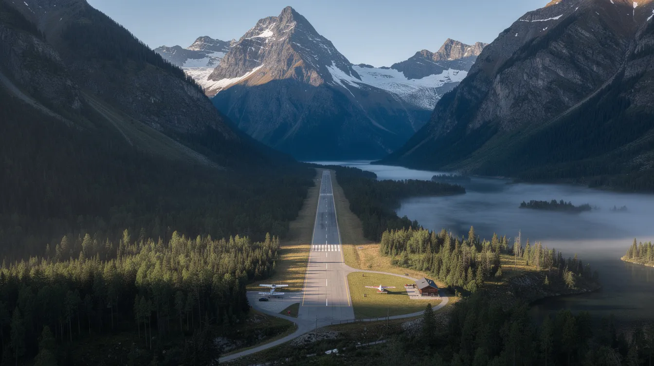 The image depicts a small mountain airstrip surrounded by tall pine trees and majestic peaks in the background, ideal for aircraft like the Beechcraft King Air 200, known for its short takeoff capabilities and spacious cabin, making it a preferred choice for air ambulance services and executive transport. The serene setting highlights the airstrip's accessibility and suitability for missions requiring situational awareness and reliability.