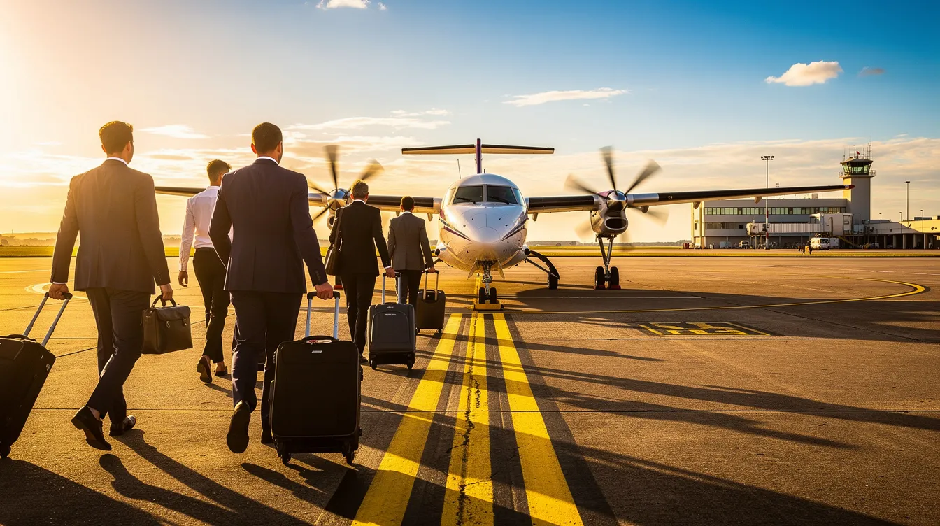 A group of business travelers is walking towards a Beechcraft King Air 200, a twin-engine turboprop aircraft, on a sunny tarmac at a small regional airport. The scene highlights the aircraft's spacious cabin and proven track record for executive transport, showcasing its reliability and performance in air travel.