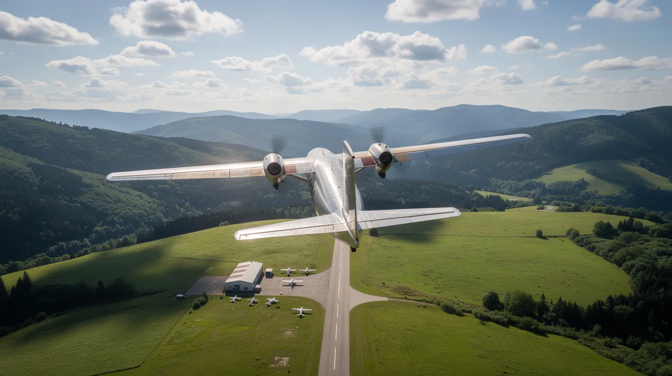 A twin-engine turboprop aircraft, resembling a Beechcraft King Air 350, is flying low over a lush green mountainous landscape, with a small airstrip visible below. The aircraft's spacious cabin and advanced navigation systems make it a reliable choice for various missions, including air ambulance services.
