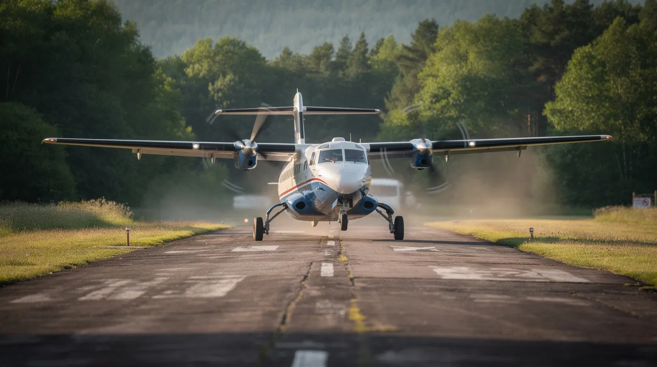 A Beechcraft King Air 350 turboprop aircraft is seen accelerating down a short runway, flanked by lush trees, showcasing its impressive takeoff capabilities. The scene highlights the aircraft's spacious cabin and reliable performance, making it a popular choice for various missions, including air ambulance services.
