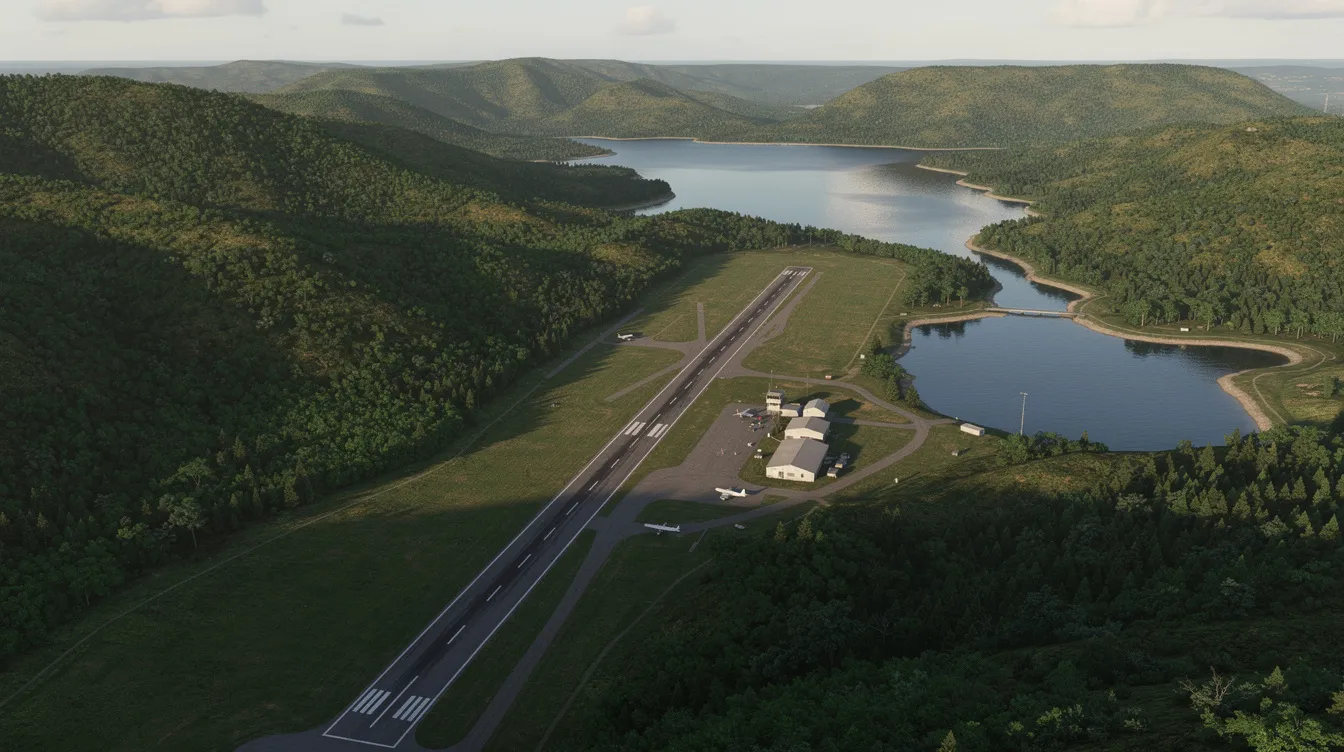 An aerial view showcases a small regional airport featuring a single paved runway, surrounded by lush forested hills and a serene lake. This picturesque setting is ideal for aircraft like the Beechcraft King Air 350, known for its spacious cabin and reliable performance in various missions.