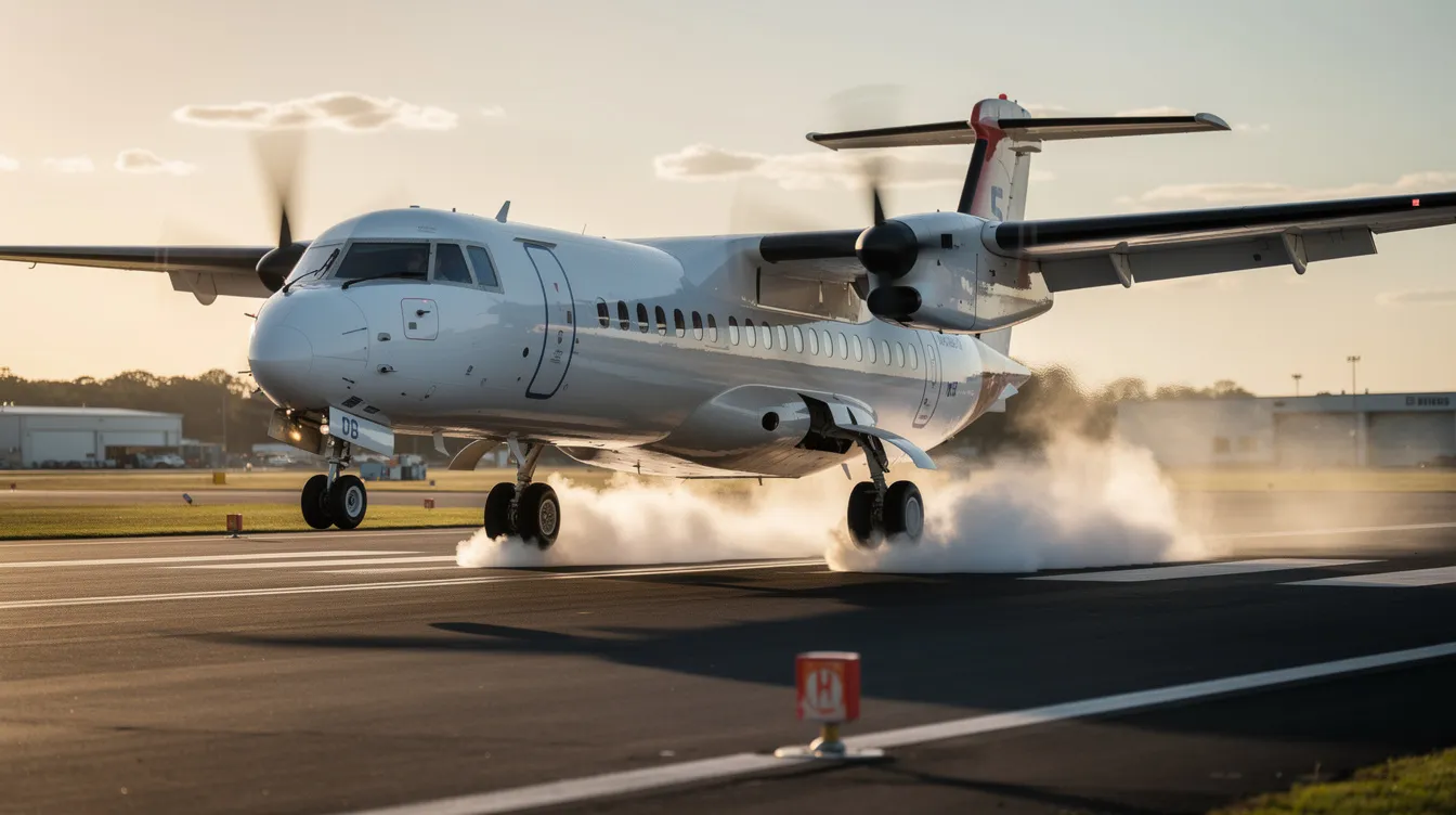 A Beechcraft King Air 350 turboprop aircraft is touching down on a paved runway, with visible tire smoke as it lands. This reliable aircraft features a spacious cabin and is known for its impressive landing distance, making it a popular choice for various missions, including air ambulance services.