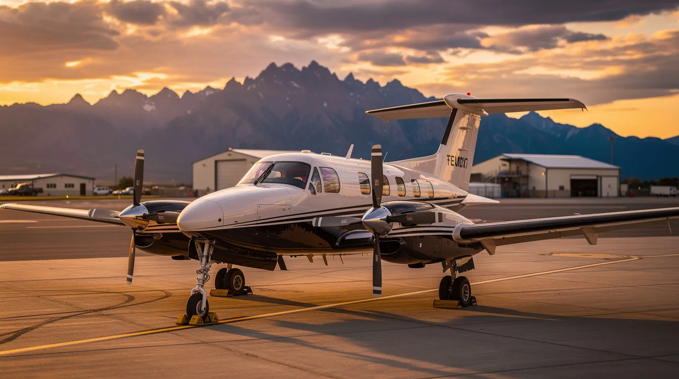 A Beechcraft King Air 350 turboprop aircraft is parked on a small airport ramp at sunset, with a stunning mountain backdrop. The spacious cabin and sleek design highlight its capabilities, making it a reliable choice for various missions, including air ambulance services.