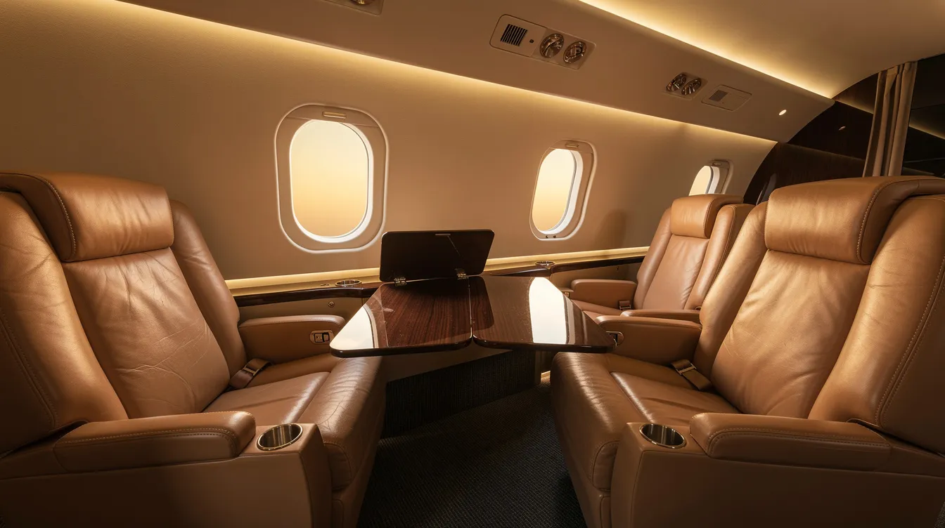 The image depicts the interior of a refurbished Beechcraft King Air E90 aircraft cabin, featuring luxurious leather club seating arranged in a club configuration with four reclining chairs. Soft, warm lighting enhances the ambiance, while a fold-out table and a refreshment compartment opposite provide convenience for passengers.