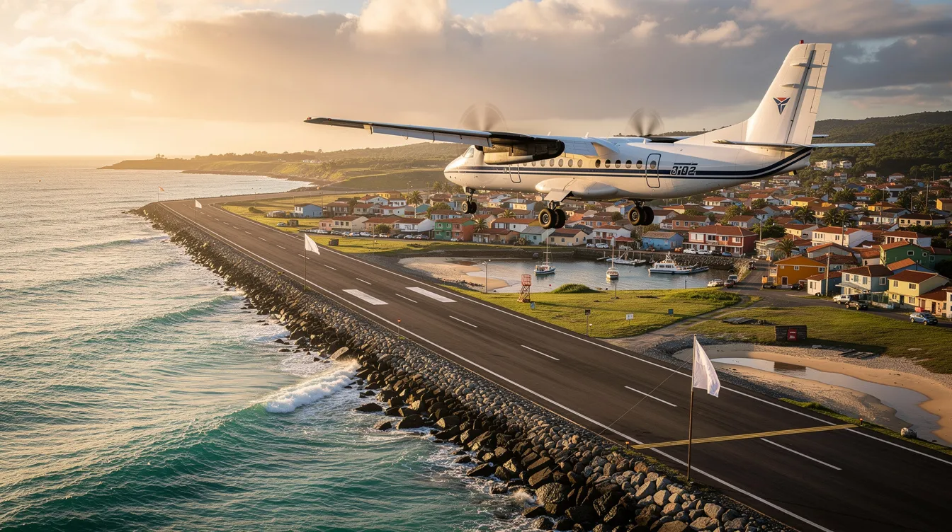 A twin-engine turboprop Beechcraft King Air E90 is landing on a short runway near a coastal town, showcasing its sleek design and powerful Pratt & Whitney PT6A engines. The aircraft features a spacious cabin area with four reclining chairs and a refreshment compartment, making it ideal for comfortable travel for two families.