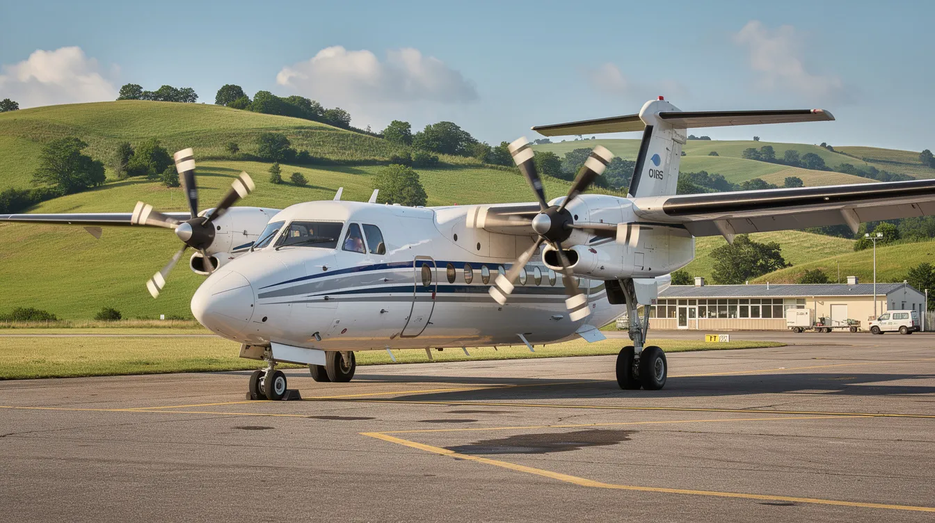 A Beechcraft King Air E90, a twin-engine turboprop aircraft, is parked on a small regional airstrip with lush green hills in the background, highlighting its sleek design and powerful Pratt & Whitney engines. The scene captures the aircraft's impressive presence against a tranquil natural setting.