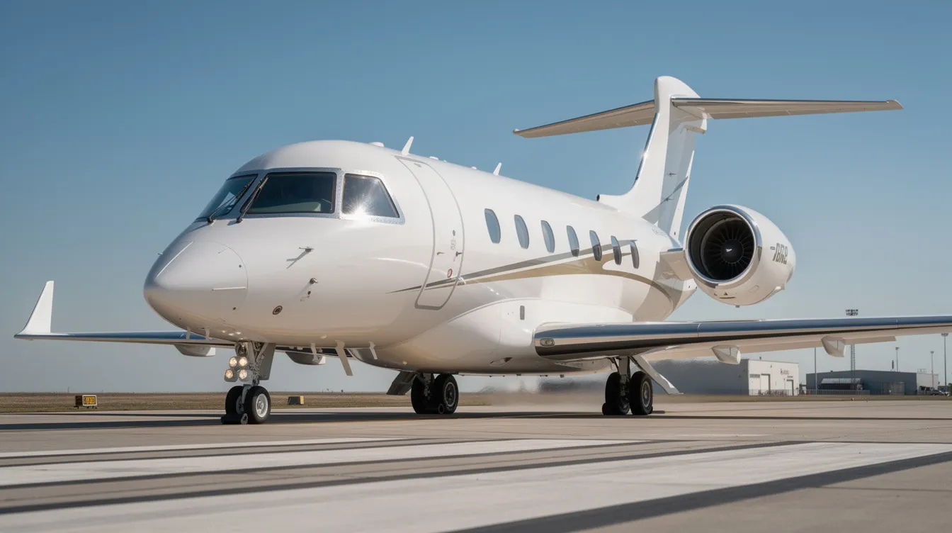 A sleek modern private jet with tapered wings is taxiing on a runway, set against a backdrop of a clear blue sky. The aircraft, reminiscent of the Piper PA-28 series, showcases its fixed landing gear and streamlined fuselage, embodying the essence of contemporary light aviation.