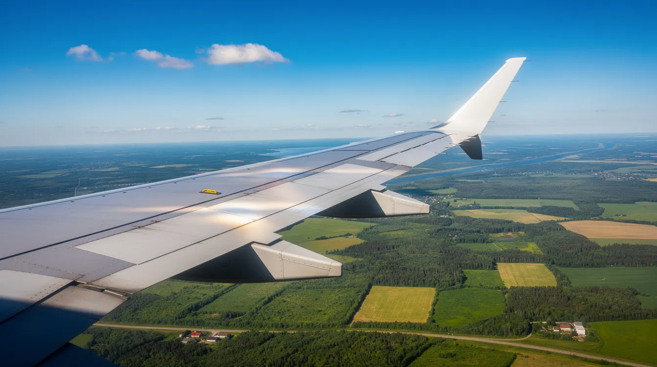 A close-up view of a piper aircraft wing, featuring a tapered design, extends over a lush green landscape under a clear blue sky. This light aircraft, part of the Piper Cherokee family, showcases its fixed landing gear and distinctive Hershey bar wing shape, emphasizing its role in personal and flight training aviation.