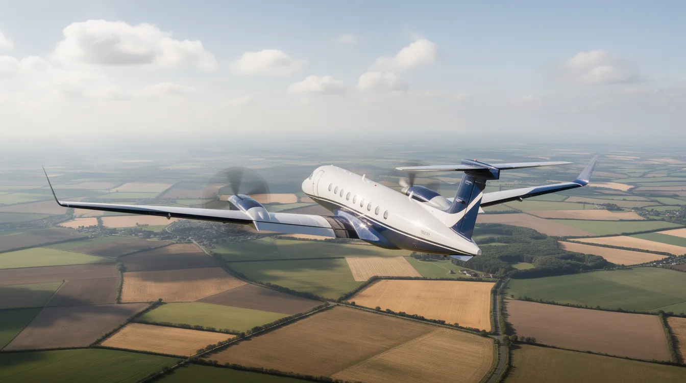 A twin-engine Piper Navajo Chieftain aircraft is flying at mid-altitude above a vibrant patchwork of farmland, showcasing its sleek fuselage and counter-rotating propellers. This aircraft, manufactured by Piper Aircraft Corporation, is known for its cruise speed and ability to accommodate passengers comfortably during flights.