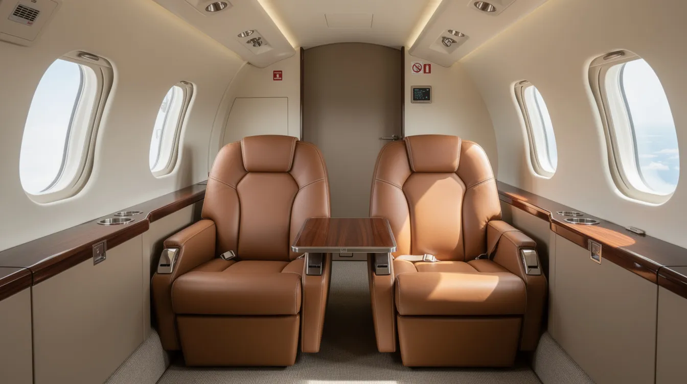 The image depicts the interior of a small aircraft cabin, featuring leather club seats arranged to face each other, with windows on both sides allowing natural light to enter. This cozy design is characteristic of Piper aircraft, like the Piper Navajo Chieftain, providing comfort for passengers during their flight.