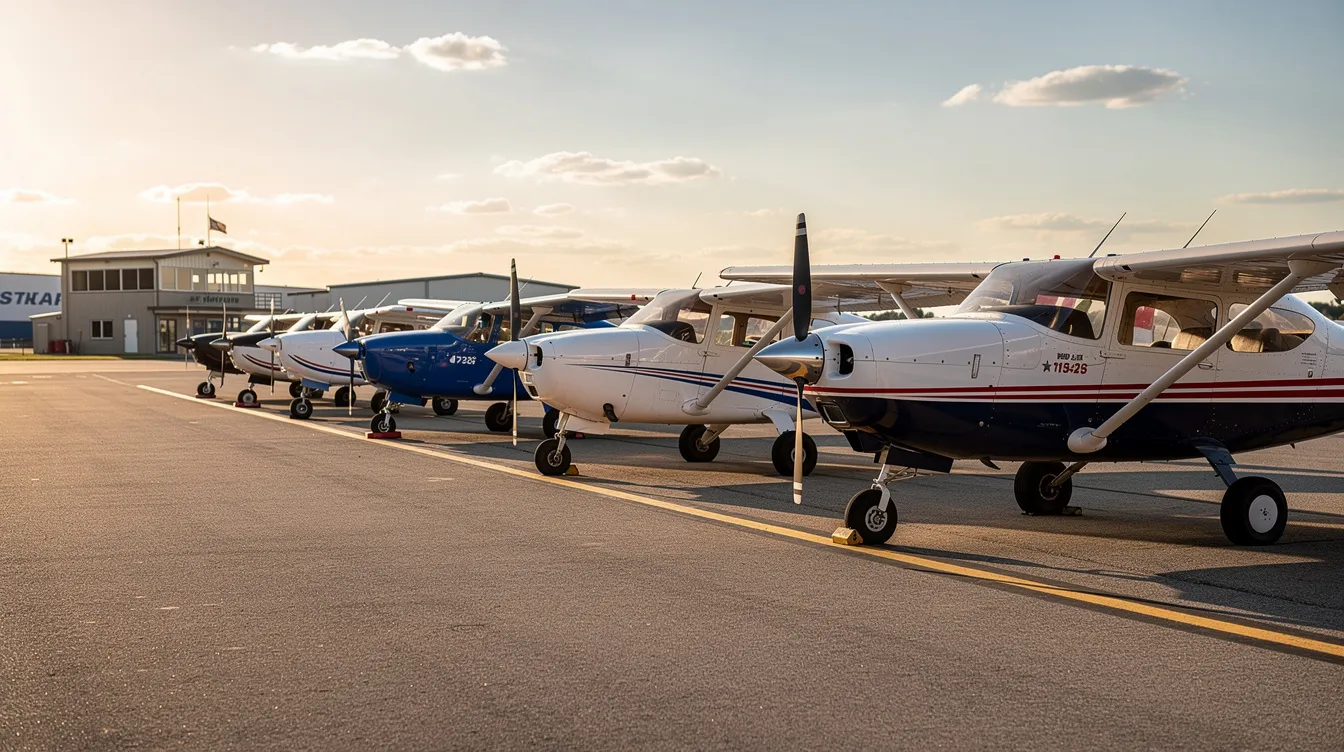 A row of single-engine Piper aircraft, including models like the Piper Arrow III and Piper Cherokee, are parked on a paved ramp at a small regional airport, showcasing their retractable landing gear and sleek designs. These planes, commonly used for flight training and by pilots transitioning to faster aircraft, highlight the charm of general aviation.