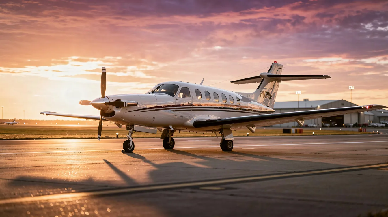 A small Piper Turbo Arrow III airplane is taxiing on a runway during golden hour, with a vibrant, colorful sky in the background. The aircraft features retractable landing gear and a sleek design typical of single-engine planes, making it a popular choice among flight schools and pilots transitioning to faster aircraft.
