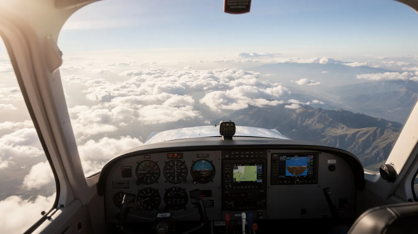 The image shows a view from the cockpit of a Piper Turbo Arrow III aircraft, displaying a vast expanse of scattered clouds and distant terrain below at cruise altitude. The cockpit features a new panel with a throttle quadrant, highlighting the experience of flying a single-engine aircraft with retractable landing gear.