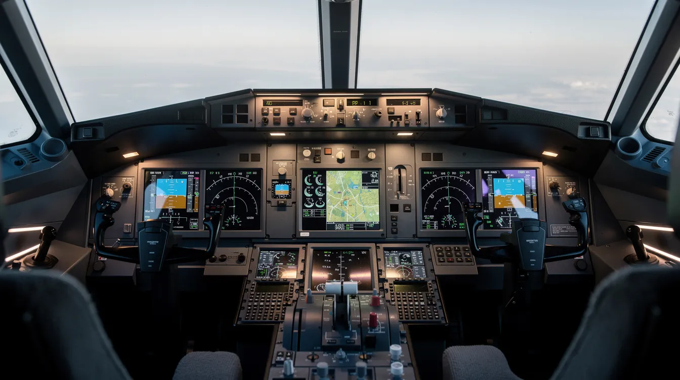 The image depicts a modern glass cockpit featuring large digital flight displays and various aviation instruments, designed for high performance in aircraft like the Piper Malibu Mirage. This advanced flight deck enhances pilot training and operational efficiency, providing crucial information for managing speed, altitude, and passenger comfort during flights.