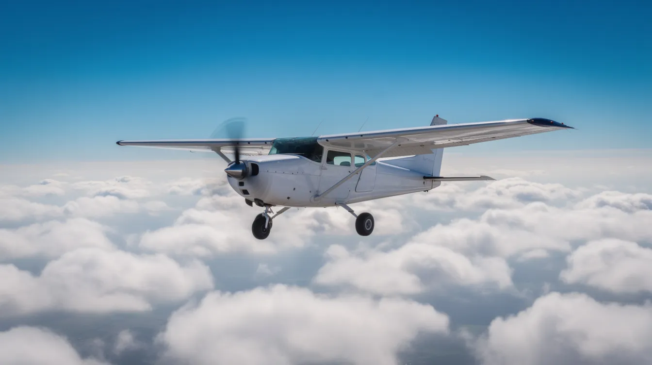 A single-engine Piper Malibu Mirage aircraft is soaring above scattered clouds against a backdrop of a clear blue sky. The plane features retractable landing gear and is designed for high performance, providing a comfortable flight experience for pilots and passengers alike.