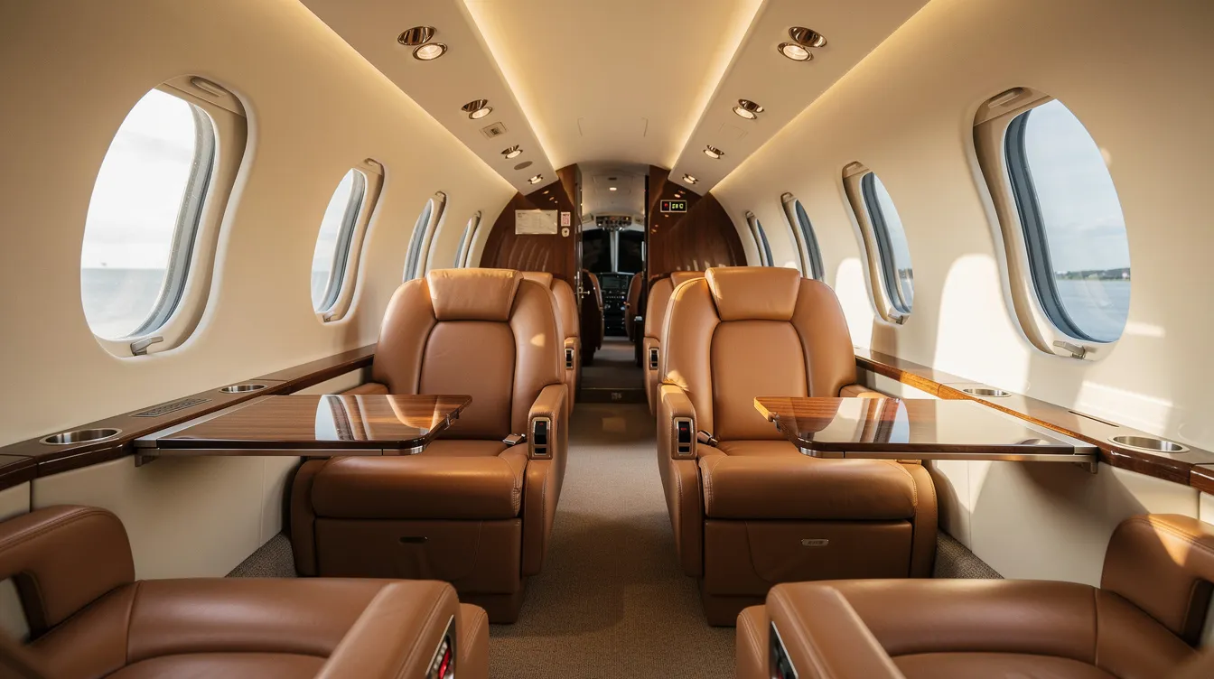 The image depicts the interior of a small private aircraft cabin featuring luxurious leather club seating and large windows that provide ample natural light. This cabin, designed for passenger comfort, showcases the elegance of the Piper Malibu Mirage, emphasizing a high-performance flying experience.
