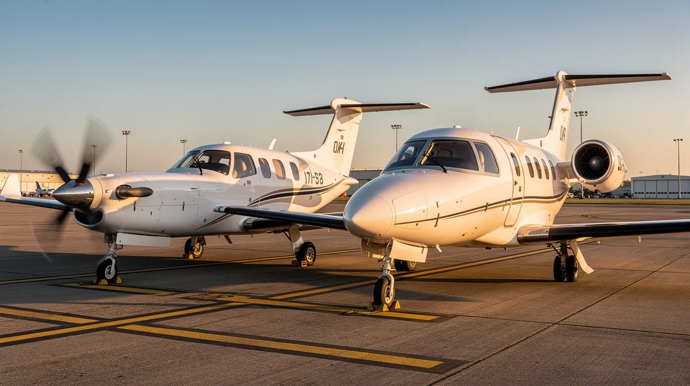 The image depicts two small private aircraft parked side by side on an airport tarmac: a turboprop aircraft and a light jet. These private planes represent options for charter flights, catering to both business and leisure travel needs.