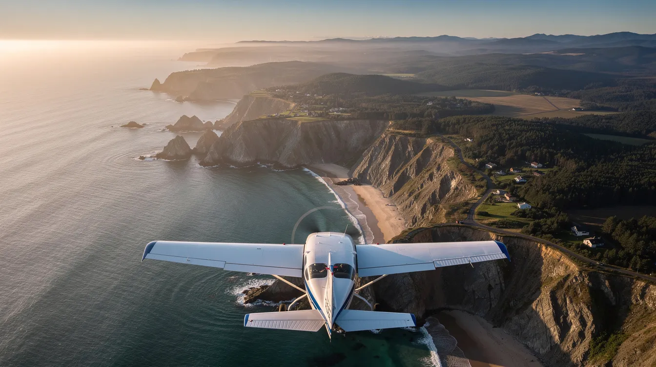 An aerial view captures a small private plane, likely a turboprop aircraft, soaring over a picturesque coastal landscape, showcasing the beauty of private aviation. This scene emphasizes the appeal of private jet charter for both business and leisure travel, highlighting the versatility of smaller aircraft in reaching remote locations.