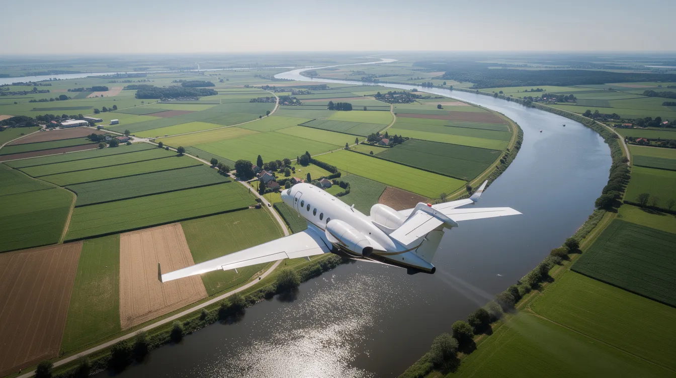 An aerial view captures a small private jet soaring above lush green farmland, with a winding river meandering through the landscape below. This scene highlights the beauty of private aviation and the freedom of chartering a private jet for travel.