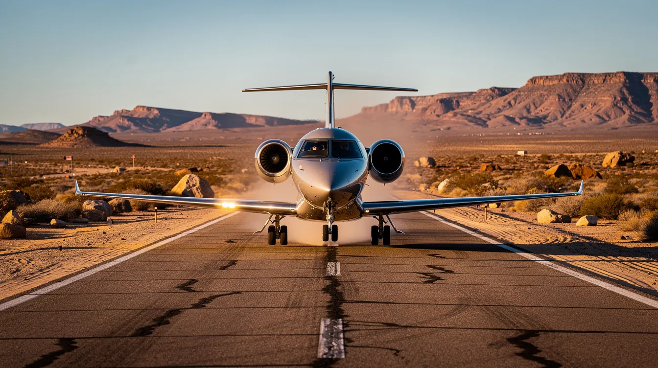 A light jet aircraft is taking off from a small runway, surrounded by a vast desert landscape, showcasing the beauty of private aviation. This scene highlights the convenience of chartering a private jet for short regional flights, emphasizing the freedom and efficiency of private jet travel.