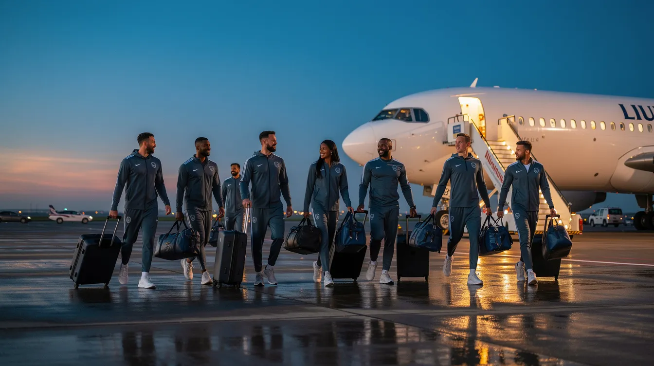 A professional sports team is walking across the tarmac towards a large Boeing 737 aircraft during the evening, ready for their private jet charter flight. The scene captures the essence of private aviation, highlighting the team's journey to their next destination in style and comfort.