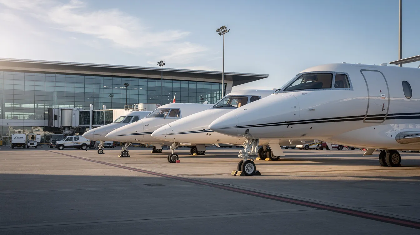The image shows a lineup of various sizes of private jets parked outside a modern airport terminal, highlighting the diversity in aircraft types available for private jet charter services. This scene emphasizes the convenience and luxury of flying private, with options ranging from light jets to larger aircraft.