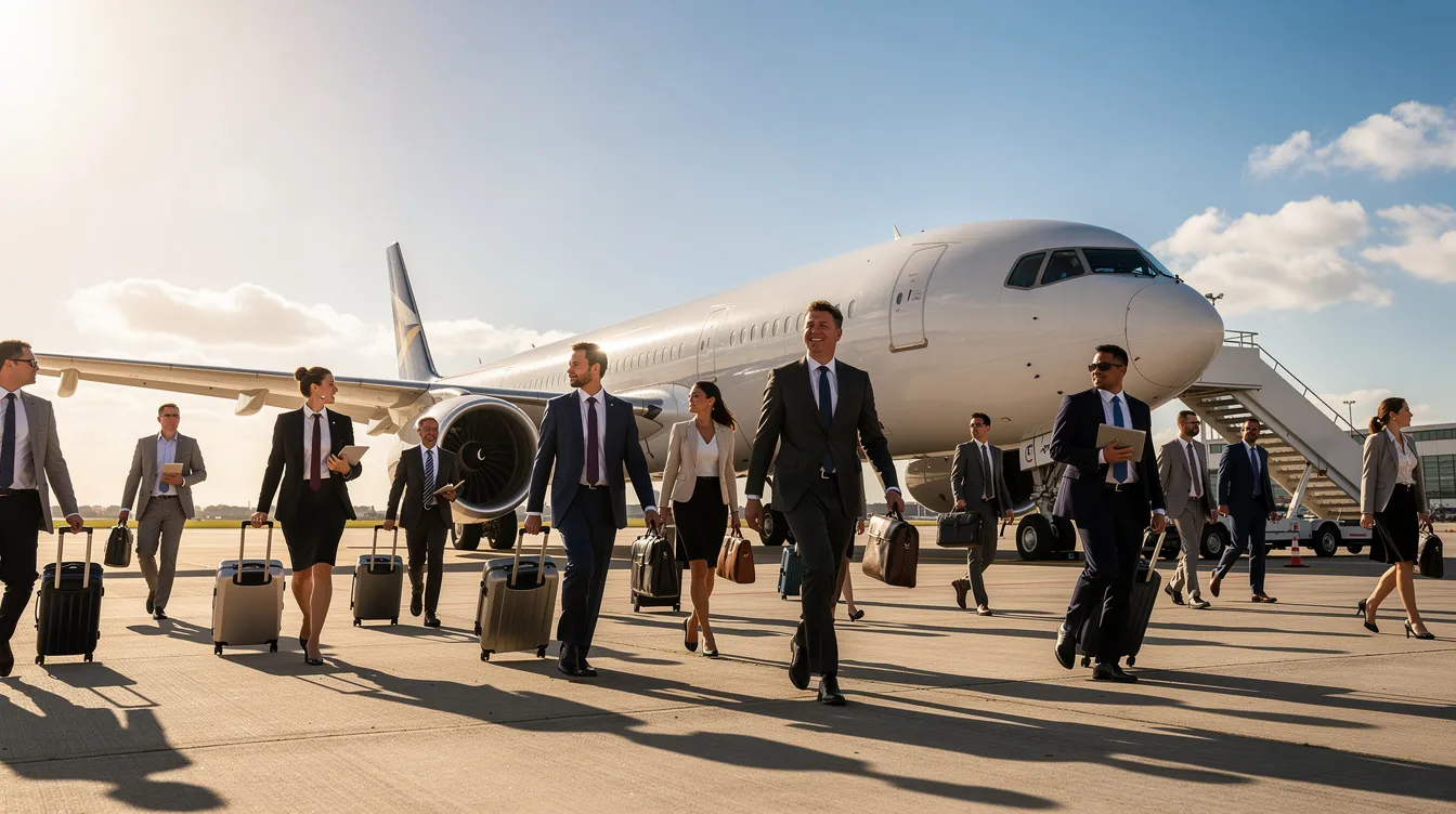 A large group of business travelers is walking toward a Boeing 747 on a sunny tarmac, ready to embark on their private jet charter flight. The scene captures the hustle and bustle of airport operations, highlighting the convenience and efficiency of private jet charter services for international travel.