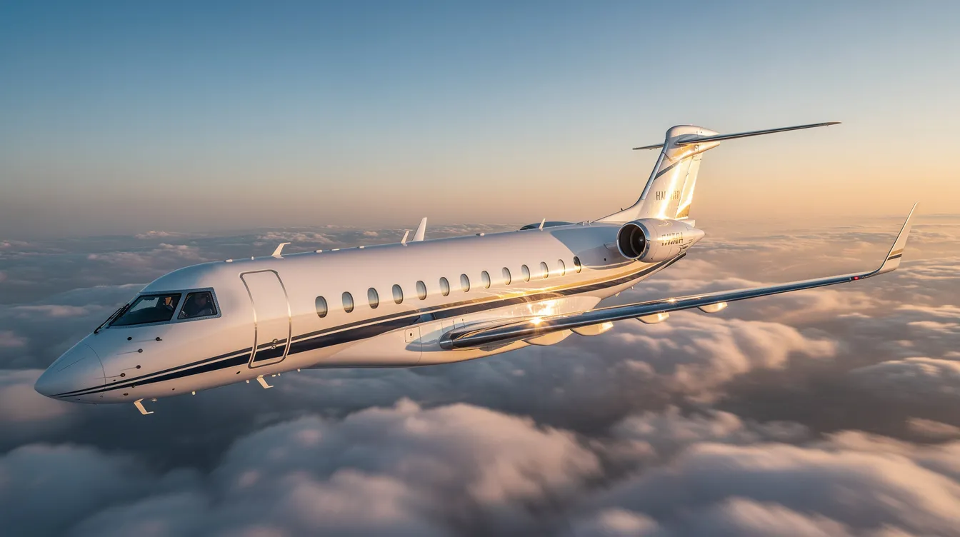 The image depicts a sleek private jet, specifically a Beechcraft King Air, showcasing its elegant fuselage and five cabin windows. This utility aircraft is designed for optimal cruise performance and features a four-blade propeller, making it a popular choice among pilots for both business and leisure flights.