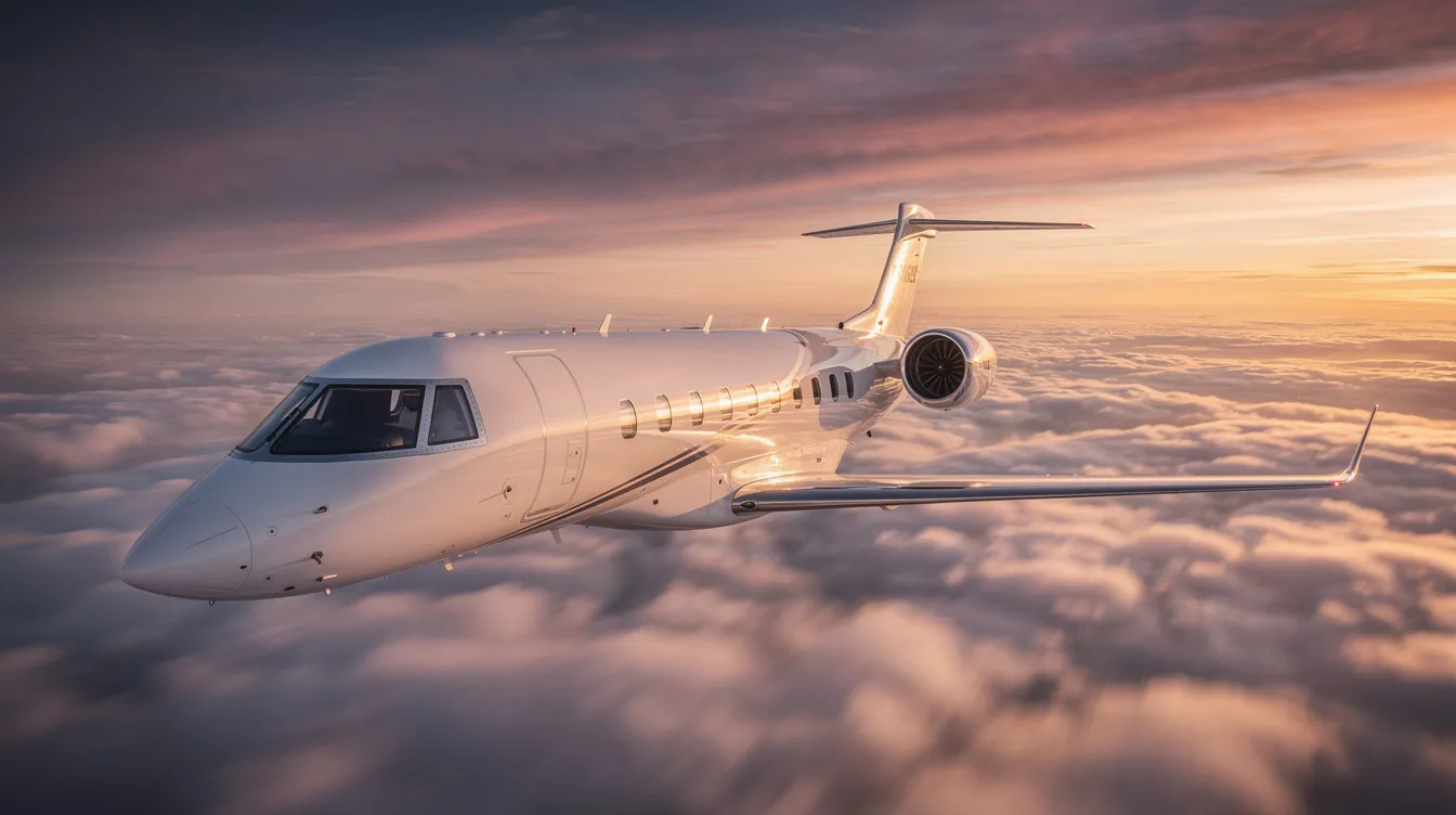 The image depicts a sleek private jet, specifically a Beechcraft King Air, showcasing its elegant fuselage and five cabin windows. This utility aircraft is designed for optimal cruise performance and features a four-blade propeller, making it a popular choice among pilots for both business and leisure flights.