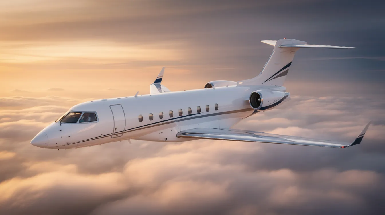 The image depicts a sleek Piper Seneca private jet, showcasing its streamlined engine cowl and retractable landing gear. This twin-engine aircraft is designed for business flying, featuring a spacious cabin with club seating and advanced cockpit switches for optimal flight performance.