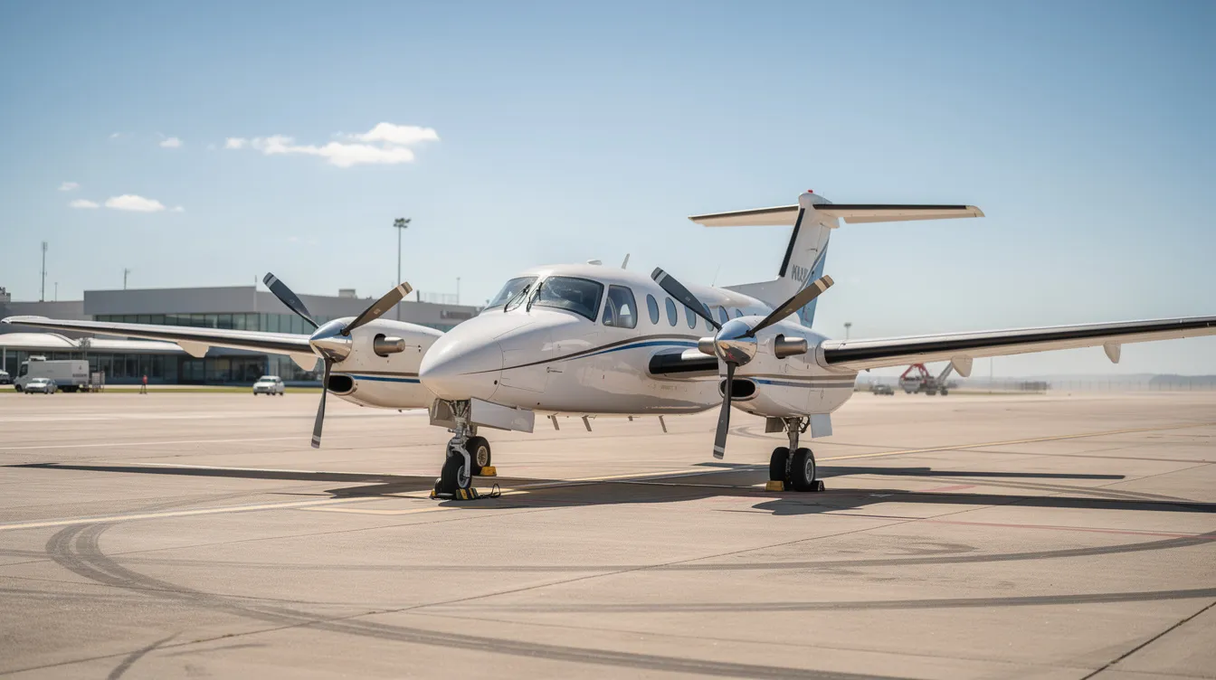 A light twin-engine propeller aircraft, specifically a Piper Seneca, is parked on the tarmac of a regional airport under a clear blue sky. The streamlined engine cowl and retractable landing gear are visible, showcasing the aircraft's design for efficient business flying and air charter companies.