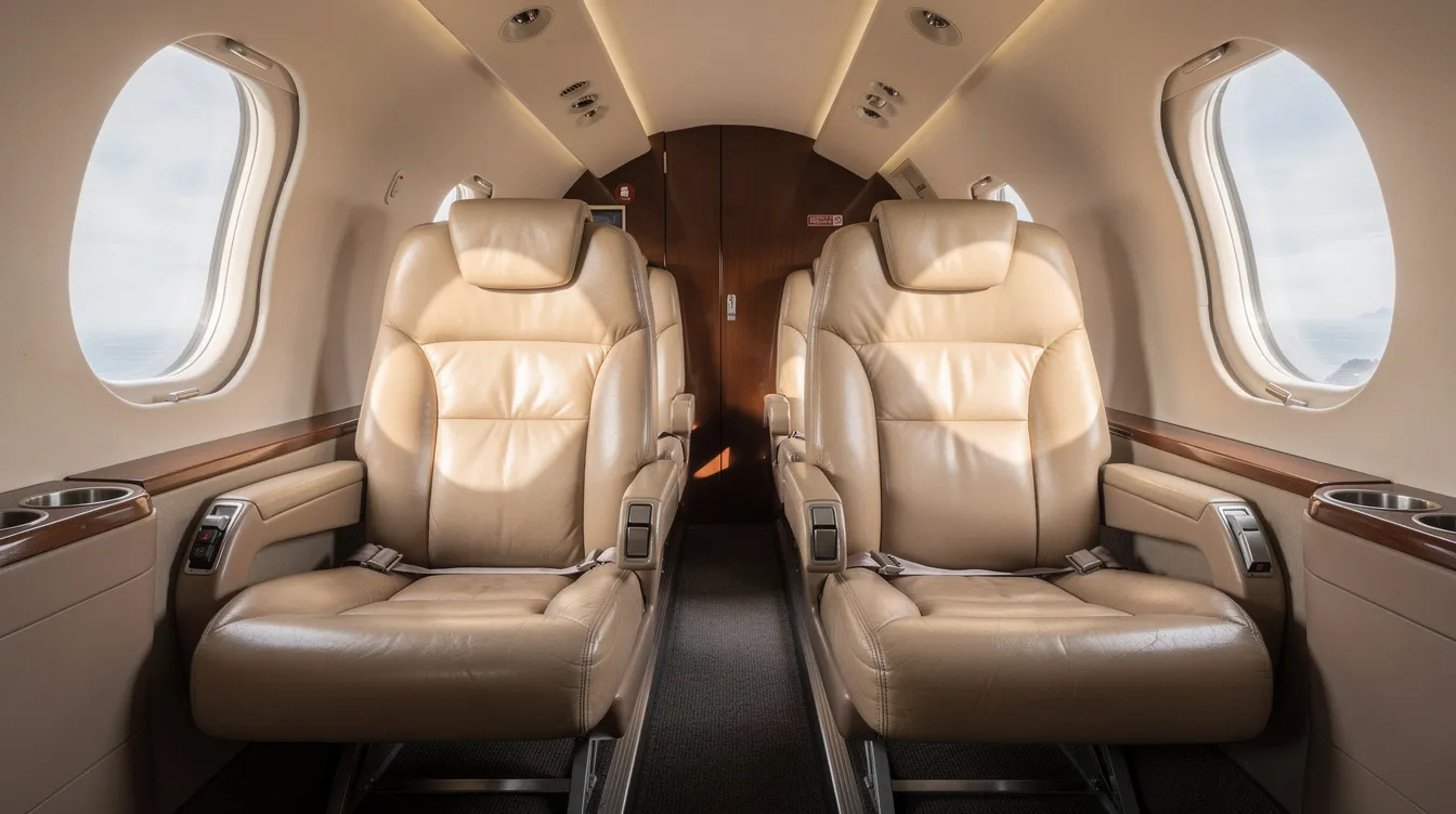 The image depicts the interior of a small twin-engine aircraft cabin, specifically a Piper Seneca model, featuring luxurious leather seats and ample natural light streaming through the windows. The cabin is designed for comfort and functionality, making it suitable for business flying and air charter companies.