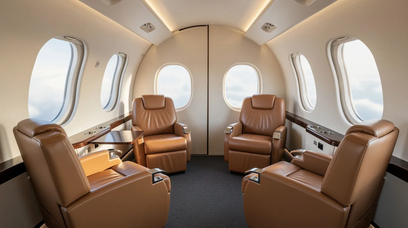 The image showcases the interior of a Piper PA 31 Navajo aircraft cabin, featuring luxurious leather club seating and spacious cabin windows on both sides, providing a comfortable environment for passengers. The design emphasizes a modern, general aviation aesthetic, ideal for private individuals and air charter companies.