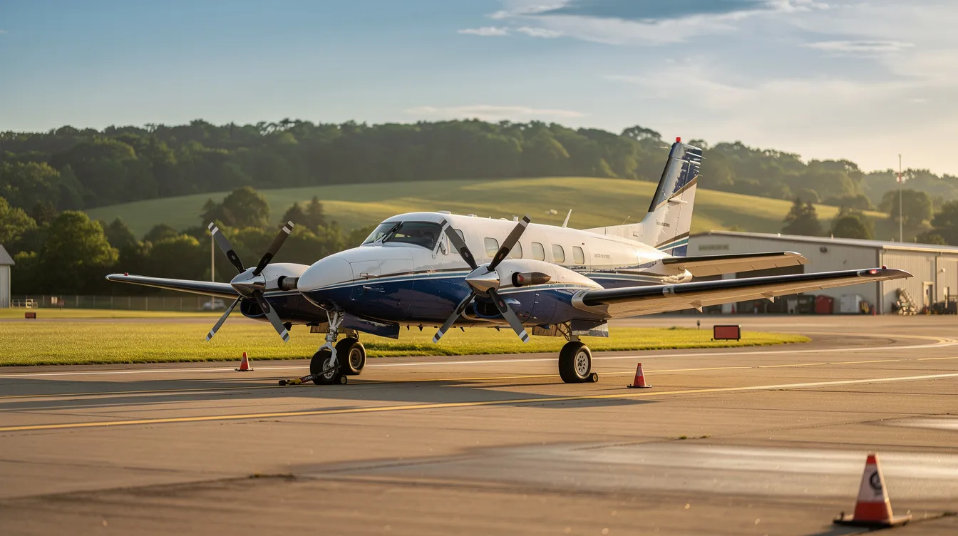 A Piper PA 31 Navajo, a twin-engine piston aircraft, is parked on the tarmac of a small regional airport, with lush green hills serving as a scenic backdrop. The aircraft features a spacious cabin and is designed for general aviation, making it suitable for private individuals and air charter companies alike.