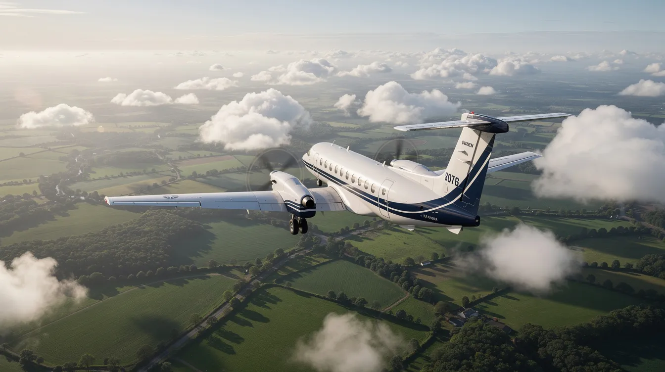 A small twin-engine turboprop aircraft, specifically a Piper Cheyenne PA31T, is soaring over lush green countryside with scattered clouds below, showcasing its sleek design and powered flight at cruising altitude. The scene captures the essence of aviation as the aircraft embarks on its journey, possibly in the final approach to an airport.