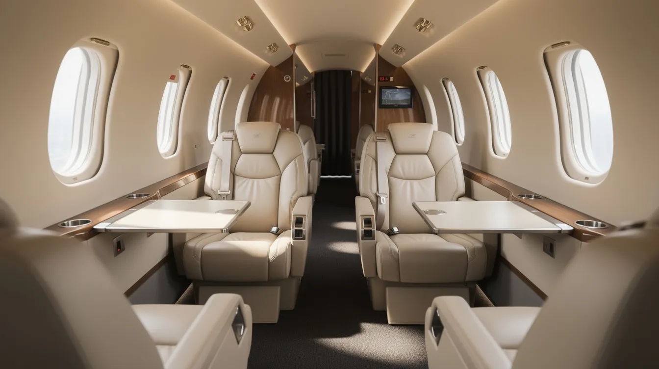 The interior of a Piper PA 31T Cheyenne aircraft features four plush leather club seats arranged to face each other, creating a cozy atmosphere with a narrow aisle between them, ideal for intimate conversations during flight. This small private aircraft is designed for comfort and functionality, making it perfect for both leisurely travel and business trips.