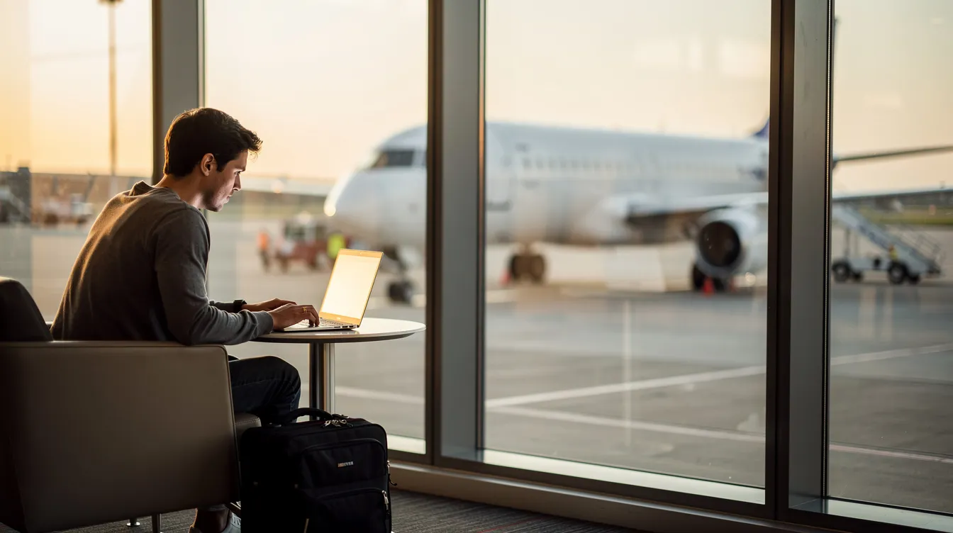 A person is seated in an airport lounge, browsing a laptop while looking out the window at a small Piper PA 31T Cheyenne aircraft parked on the tarmac. The scene captures the blend of travel and technology, with the aircraft representing a gateway to adventure.