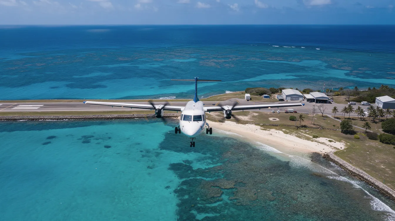 An aerial view captures a small coastal airport runway with a piper PA 31T Cheyenne aircraft on final approach, gliding gracefully over the sparkling turquoise water. The scene showcases the serene environment of the airport, with the aircraft preparing for landing amidst a picturesque coastal backdrop.