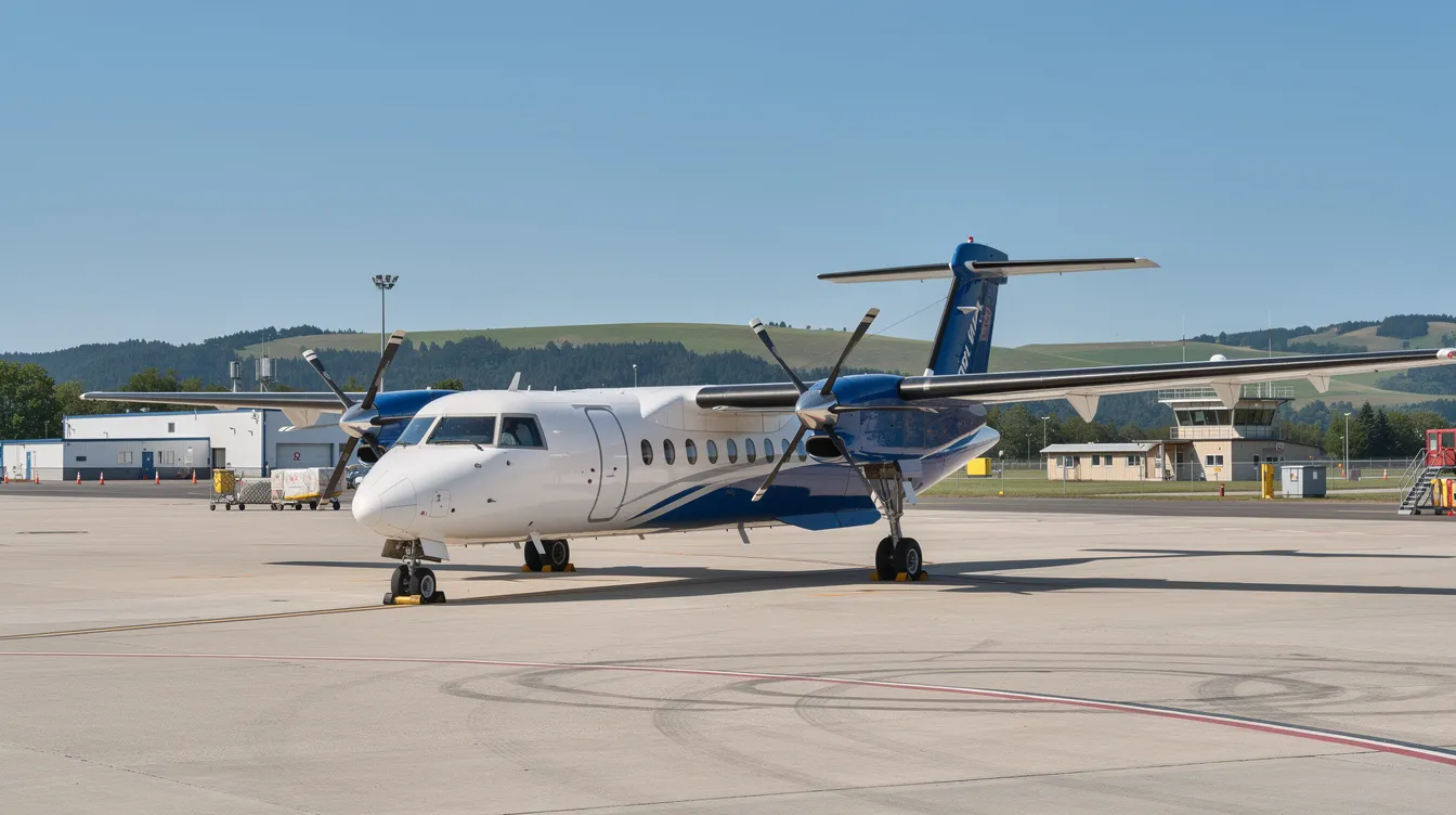 A twin-engine turboprop Piper Cheyenne PA31T aircraft is parked on a small regional airport ramp, surrounded by rolling hills under clear blue skies. The aircraft, designed for efficient cruising, showcases its sleek airframe and powerful engines, ready for takeoff at a moment's notice.