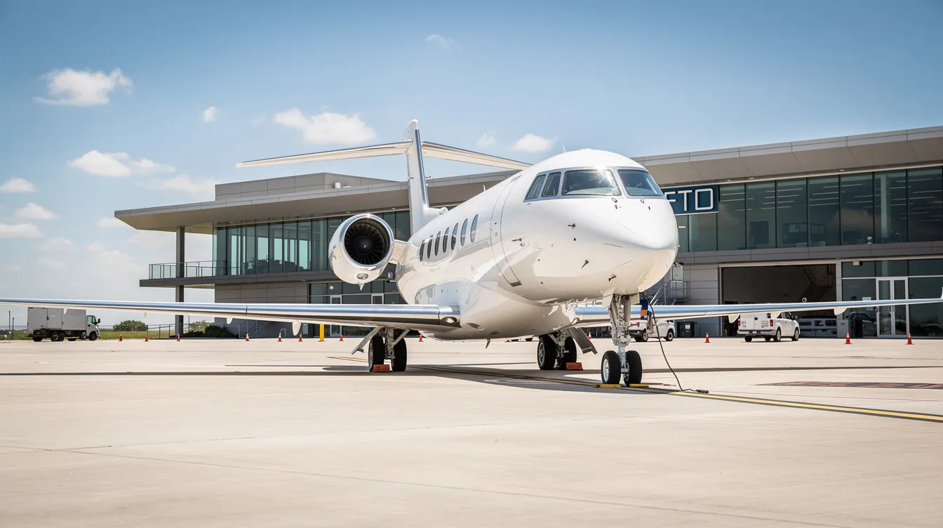 A sleek white private jet is parked on the tarmac at a modern Fixed Base Operator (FBO) terminal, with clear blue skies overhead, symbolizing luxury travel and the convenience of executive jet aviation. This scene highlights the appeal of private jet charter services, such as those offered by NetJets, for discerning travelers seeking personalized service and guaranteed access to a premium fleet.