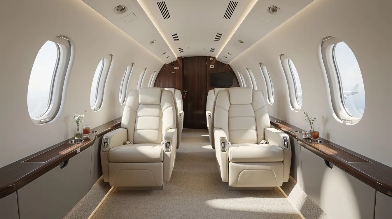 The image depicts the interior of a midsize private jet cabin, featuring plush leather seats and large windows that allow natural light to fill the space. This luxurious setting is ideal for discerning travelers seeking a comfortable and elegant experience in private aviation.