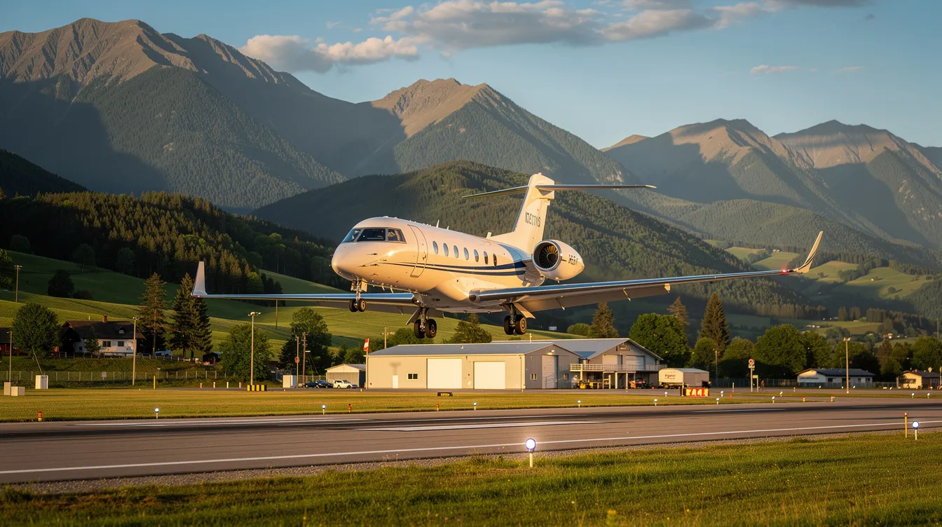 A small private jet, part of the NetJets fleet, is landing at a regional airport nestled among green mountains and lush landscapes, symbolizing luxury travel and personalized service in executive jet aviation. The scene captures the essence of private jet charter, appealing to discerning travelers seeking seamless access to their destinations.